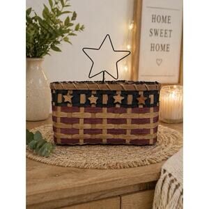 Vintage Americana Woven Basket Stars & Stripes Patriotic Primitive Decor
